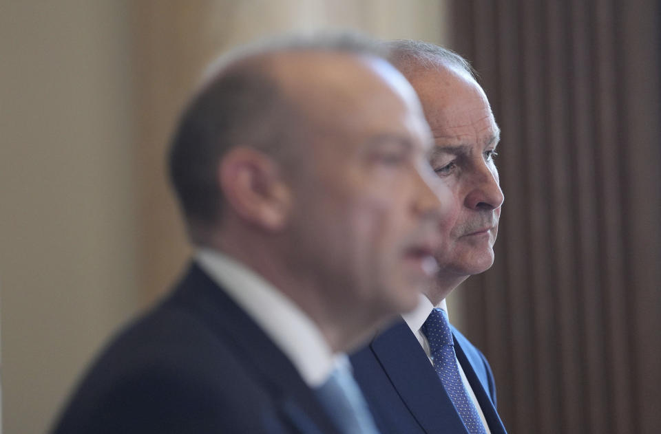 Northern Ireland Secretary Chris Heaton-Harris, left, and Tanaiste Micheal Martin hold a joint press conference during the British-Irish intergovernmental conference at 100 Parliament Street in London, Monday April 29, 2024. Established under Strand 3 of the Belfast (Good Friday) Agreement, the British-Irish Intergovernmental Conference is a bilateral forum, aiming to take place three times per year, to bring together the British and Irish Governments to promote cooperation at all levels on all matters of mutual interest within the competence of both Governments. (Yui Mok/PA via AP)