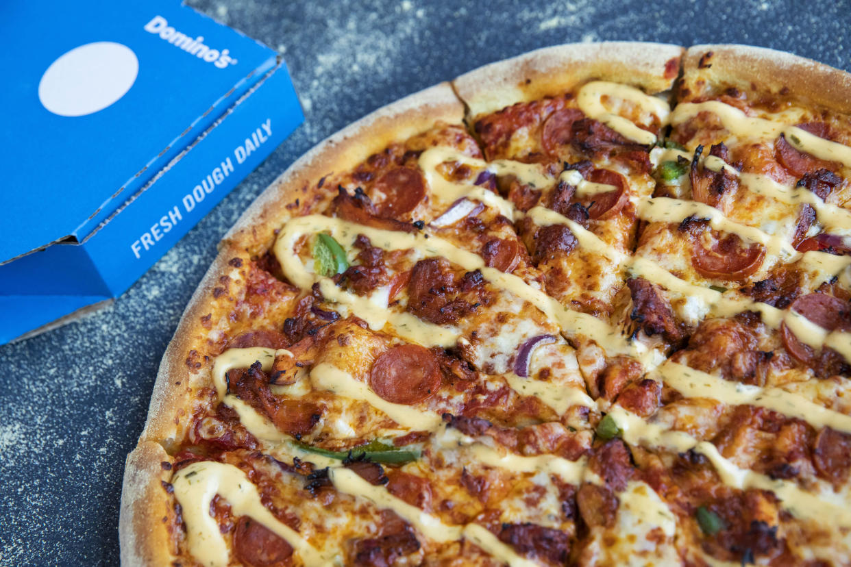 EDITORIAL USE ONLY To celebrate Valentine's Day, Domino's has introduced a new Mediterranean-inspired Catalan Chicken & Chorizo pizza to its menu, as it expects over 300,000 pizzas to be ordered for the occasion and around 500 orders a minute during the dinner time peak.