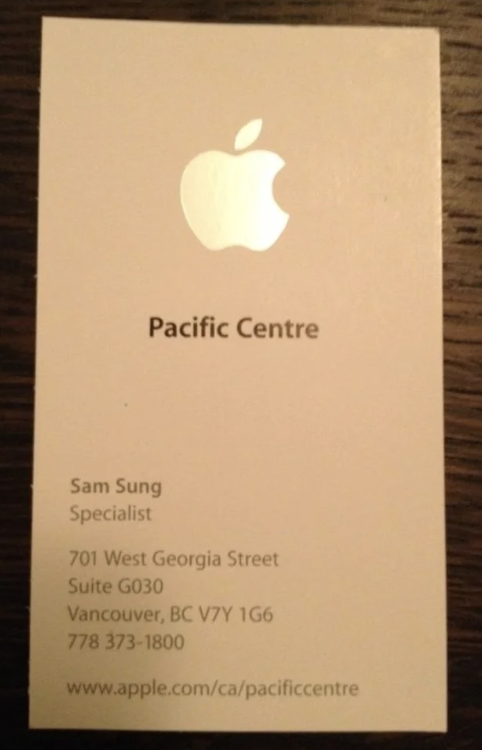 Business card for Sam Sung at Apple Store, Pacific Centre with contact details