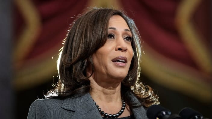 Vice President Kamala Harris delivers remarks in Statuary Hall at the U.S. Capitol on the one-year anniversary of the January 6 attack in Washington, D.C. (Photo: Drew Angerer/Getty Images)