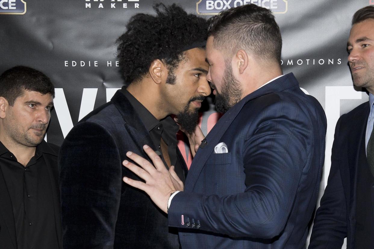 Head to head: tensions threaten to boil over as David Haye and Tony Bellew square up before their first fight: AFP/Getty Images