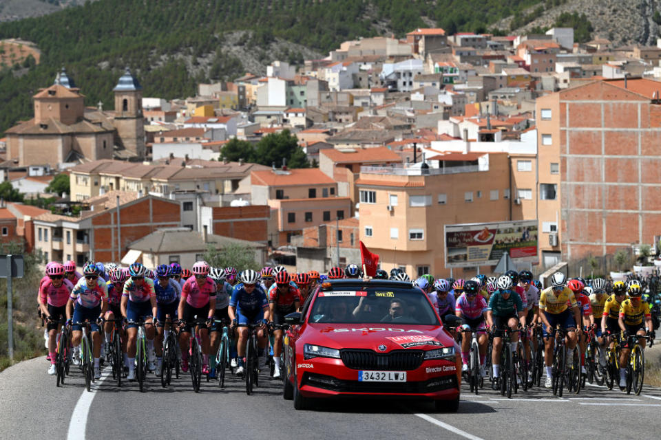 ELCHE DE LA SIERRA SPAIN  MAY 03 A general view of the peloton competing prior to the 9th La Vuelta Femenina 2023 Stage 3 a 1578km stage from Elche de la Sierra to La Roda  UCIWWT  on May 03 2023 in Elche de la Sierra Spain Photo by Dario BelingheriGetty Images