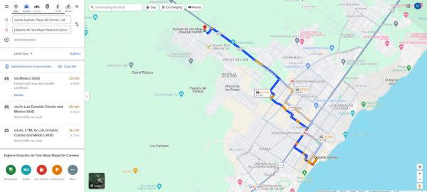 Captura de pantalla Google Maps entre Estación Tren Maya y Quinta Avenida