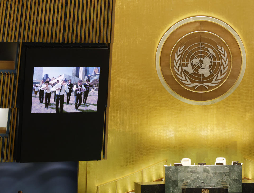 A music video of South Korean K-pop band BTS plays on the General Assembly Hall monitors during the United Nations meeting on Sustainable Development Goals at the 76th session of the U.N. General Assembly at U.N. headquarters on Monday, Sept. 20, 2021. (John Angelillo/Pool Photo via AP)