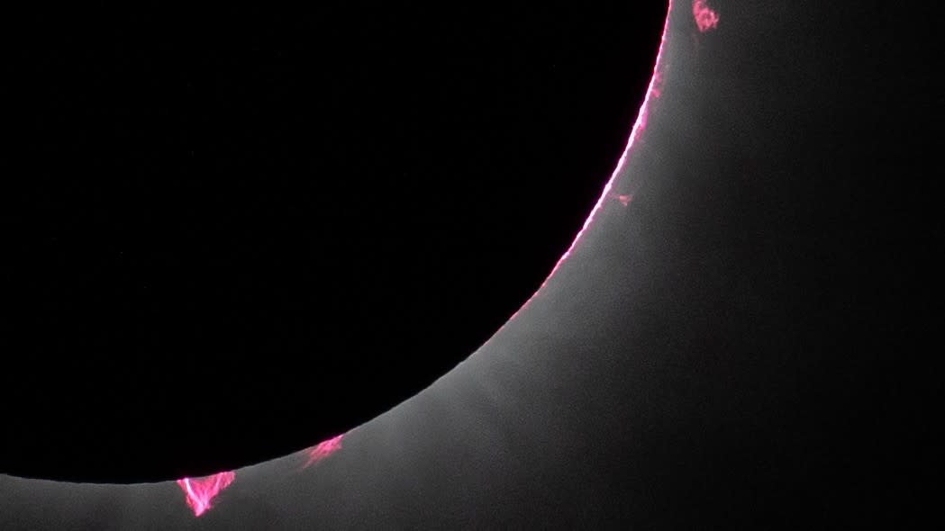  Prominences leap out of the sun during the April 8 total solar eclipse. . 