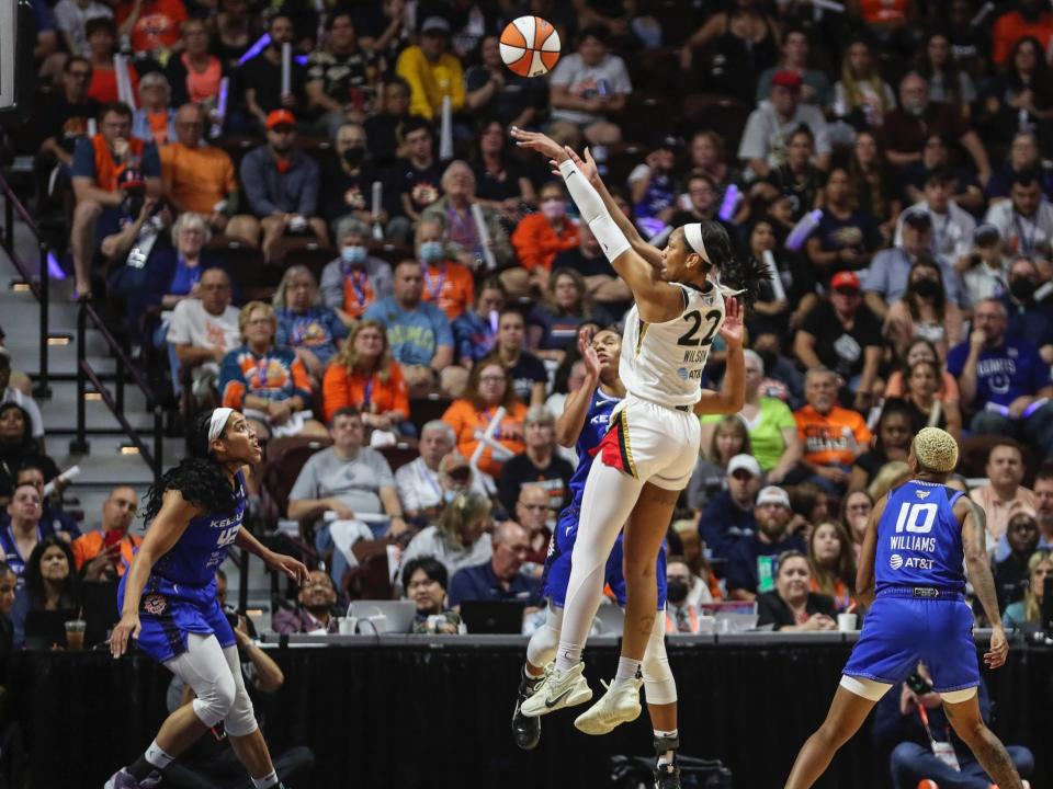 A'ja Wilson takes a shot during Game 4 of the 2022 WNBA Finals.