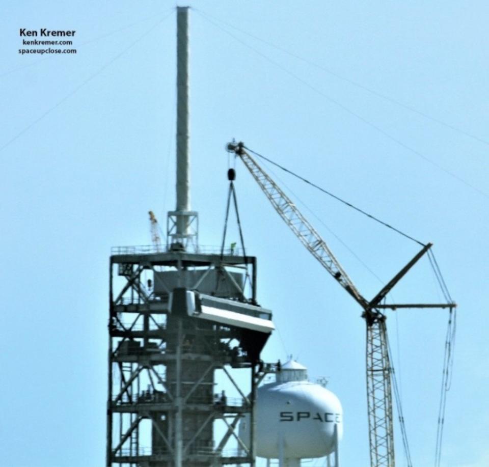 Another look at the astronaut-walkway installation at Pad 39A, which required a crane. <cite><span>Ken Kremer</span> </cite>