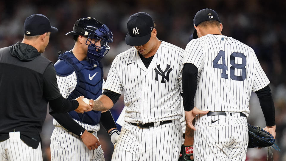 Frankie Montas (second from right) drew interest from the Blue Jays before landing with the Yankees. (AP Photo/Frank Franklin II)