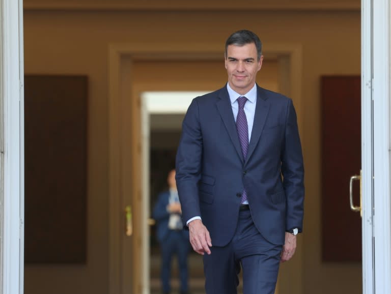 El presidente Pedro Sánchez sale a las puertas del palacio de la Moncloa para recibir a un dignatario extranjero, el 30 de mayo de 2024 en Madrid (Pierre-Philippe Marcou)