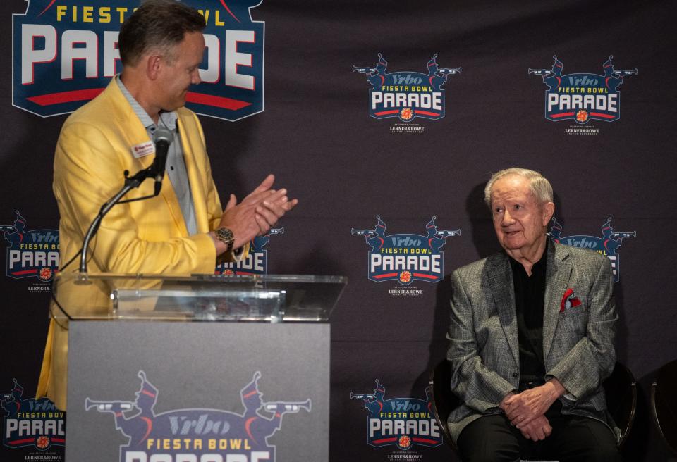 Al McCoy (right, Grand Marshal for the 2022 Fiesta Bowl Parade) is introduced by Randal Norton (Fiesta Bowl Board of Directors Chair) during a press conference, September 13, 2022, at the Ellie & Michael Ziegler Fiesta Bowl Museum, 7135 E. Camelback Road, Scottsdale, Arizona.