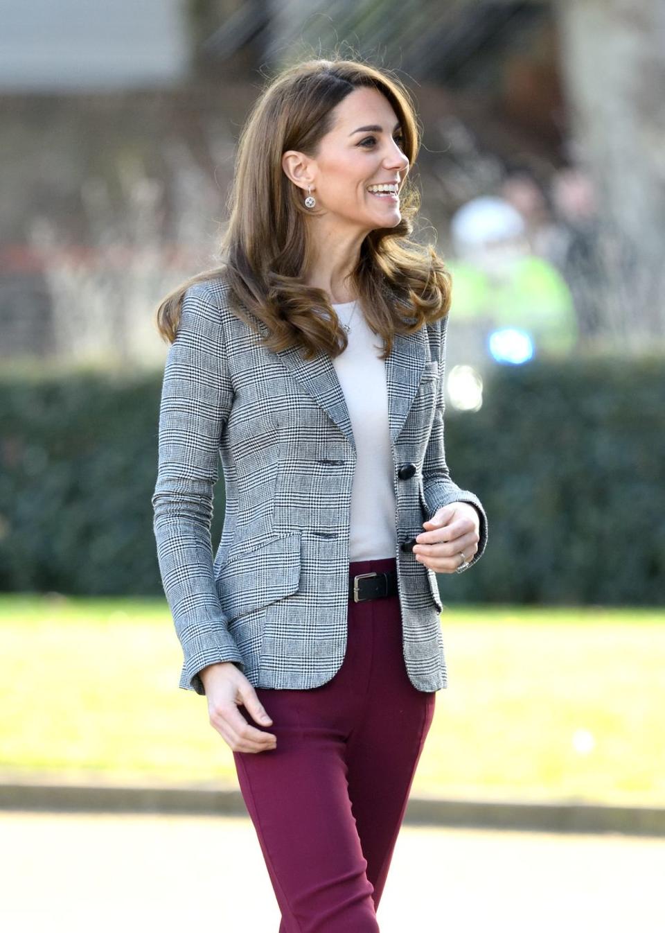 <p><em>November 12, 2019 —</em> As Kate knows well, a simple blazer can dress up any look. The Duchess's plum pants and white T-shirt looks much more polished under<a href="https://shop.nordstrom.com/s/1-state-twilight-plaid-blazer/5405182/" rel="nofollow noopener" target="_blank" data-ylk="slk:a gray plaid blazer.;elm:context_link;itc:0;sec:content-canvas" class="link "> a gray plaid blazer.</a></p>