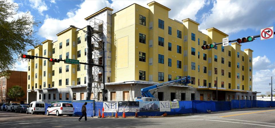 The new Ashley Square Senior Living Apartments under construction at 116 East Beaver St. in downtown Jacksonville's Cathedral District on March 7. The new project will have 96 one-bedroom, 650-square-foot units and 24 two-bedroom,  900-square-foot units and is being built on what was a 1.03-acre parking lot site.