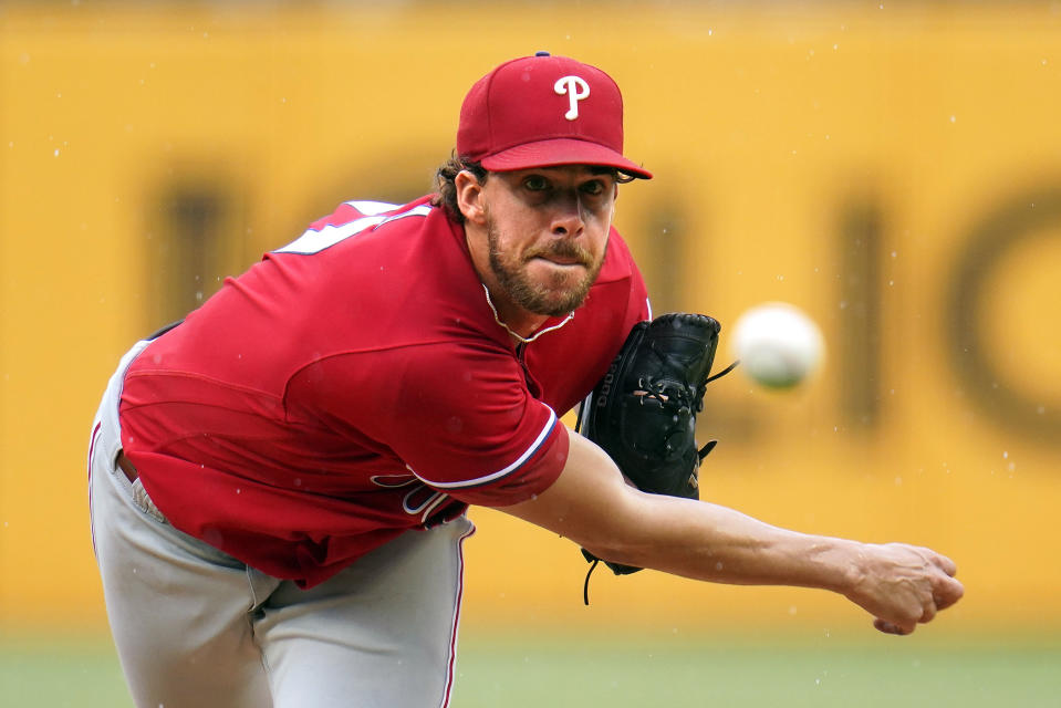 Philadelphia Phillies starting pitcher Aaron Nola delivers during the first inning of a baseball game against the Pittsburgh Pirates in Pittsburgh, Sunday, July 31, 2022. (AP Photo/Gene J. Puskar)