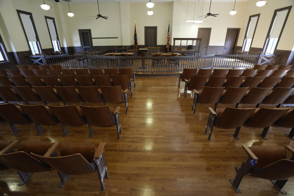 The courtroom, much of which has been restored, where the Emmett Till murder trial was held in the Tallahatchie County Second District Courthouse, is photographed Monday, July 24, 2023, in Sumner, Miss. President Joe Biden is expected to sign a proclamation on Tuesday, July 25, that establishes a national monument honoring Till, the Black teenager from Chicago whose abduction, torture and killing in Mississippi in 1955 helped propel the civil rights movement. (AP Photo/Rogelio V. Solis)