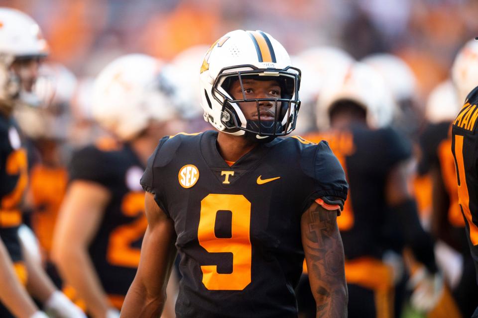 Tennessee wide receiver Jimmy Calloway (9) during a football game against the Georgia Bulldogs at Neyland Stadium in Knoxville, Tenn. on Saturday, Nov. 13, 2021.