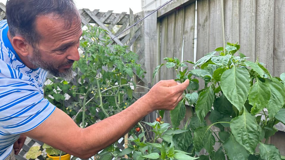 Ataçocuğu shows off his vegetables on February 20 in the garden he built behind his home in central Christchurch. - Alaa Elassar/CNN