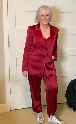 <p>The actress' red satin Lafayette 148 suit is something that's "fully integrated" into her everyday wardrobe, the actress’s stylist <a href="https://www.instagram.com/chloehartstein/" rel="nofollow noopener" target="_blank" data-ylk="slk:Chloe Hartstein;elm:context_link;itc:0;sec:content-canvas" class="link ">Chloe Hartstein</a> tells PEOPLE. "With Glenn currently living in Montana, we wanted to keep the logistics down to a minimum, but also be mindful of what is currently happening in the country and the world."</p> <p>So they got inspired. "Recycling an outfit from Glenn's incredible archive felt like a timely idea, following in the footsteps of what <a href="https://people.com/style/cate-blanchett-red-carpet-style-venice-film-festival-2020/" rel="nofollow noopener" target="_blank" data-ylk="slk:Cate Blanchett and [stylist] Elizabeth Stewart did at the Venice Film Festival;elm:context_link;itc:0;sec:content-canvas" class="link ">Cate Blanchett and [stylist] Elizabeth Stewart did at the Venice Film Festival</a>,” Hartstein, who paired the chic satin suit with Golden Goose sneakers and Cartier jewels, explains.</p>