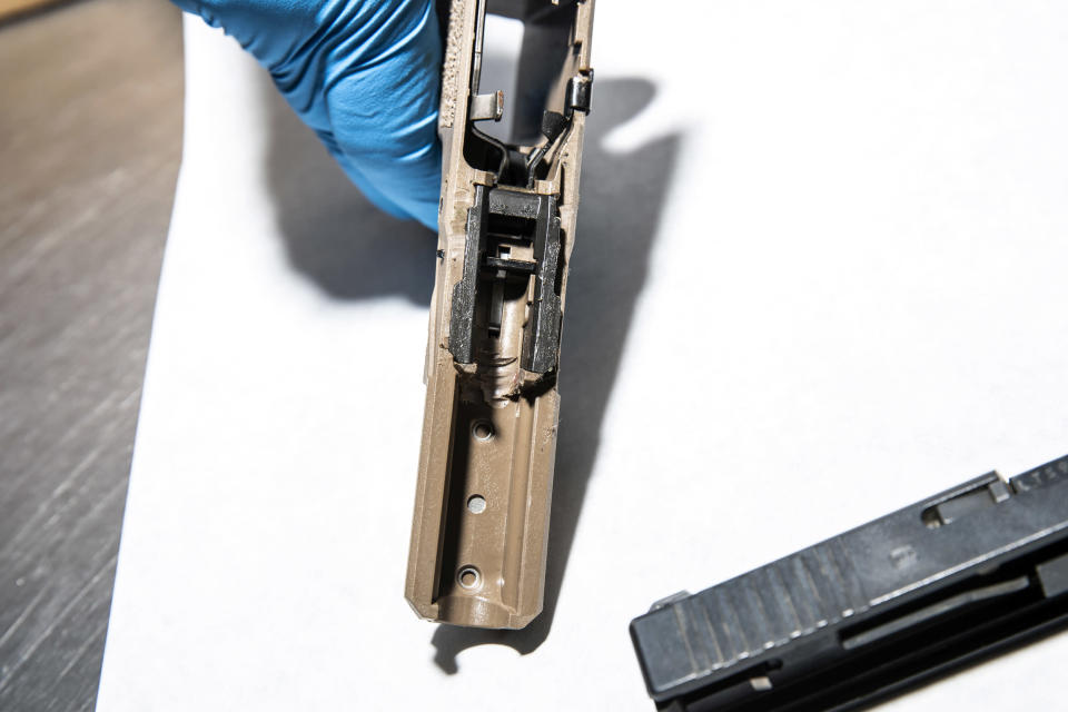 Image: An 80% polymer pistol frame with signs of post purchase modifications in Oakland, Calif., on April 15, 2021. (Stephen Lam / The San Francisco Chronicle via Getty Images, file)
