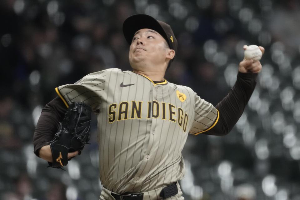 San Diego Padres' Yuki Matsui throws during the seventh inning of a baseball game against the Milwaukee Brewers Tuesday, April 16, 2024, in Milwaukee. (AP Photo/Morry Gash)