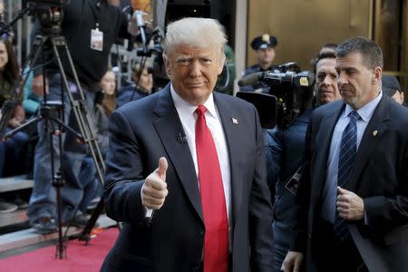 U.S. Republican presidential candidate Donald Trump arrives for a town hall meeting on NBC's "Today" show in New York, April 21, 2016. REUTERS/Brendan McDermid