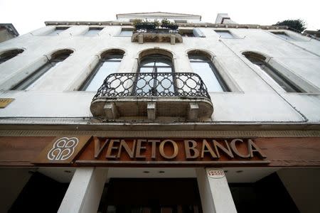 The logo of Veneto Banca bank is seen in Venice, Italy, January 31 2016. REUTERS/Alessandro Bianchi/File Photo