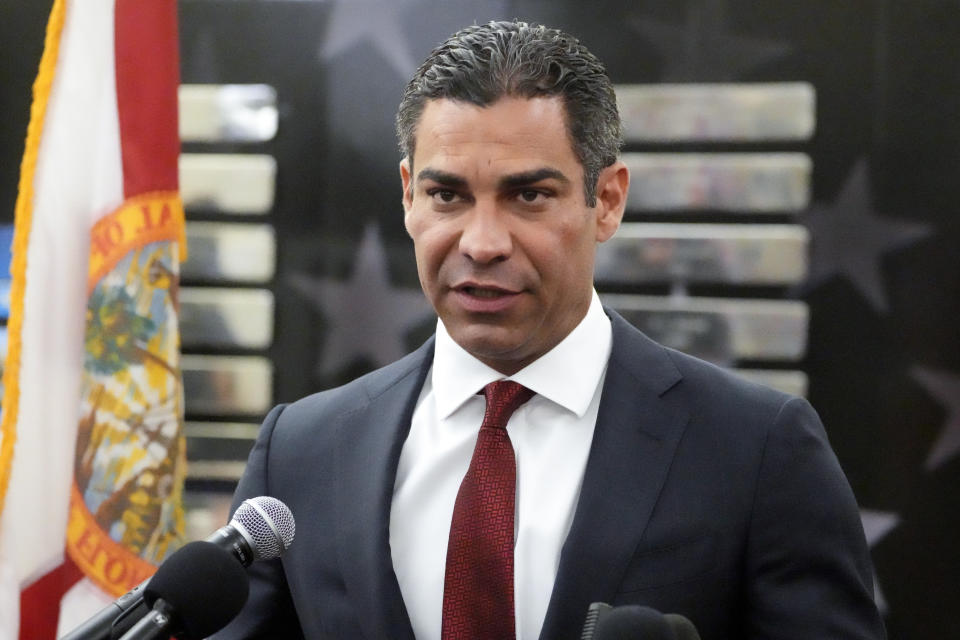 FILE - Miami Mayor Francis Suarez speaks during a news conference about the security planned for former President Donald Trump, who is set to appear at federal court Tuesday, in Miami on June 12, 2023. In a 2024 Republican presidential field full of long-shot candidates, Suarez may be, on paper anyway, the longest long shot of all. No sitting mayor has ever been elected U.S. president, a job that historically has been won by governors, vice presidents, senators or Cabinet secretaries. That hasn't deterred Suarez, who launched his presidential bid this week by talking up his unique experience leading the city of about 450,000. (AP Photo/Wilfredo Lee, File)