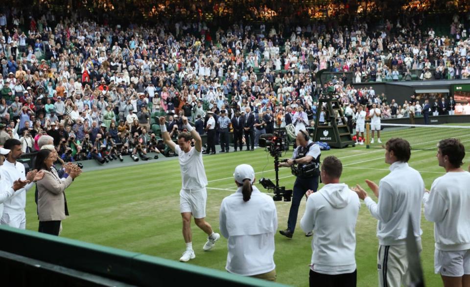 Andy Murray acknowledges the crowd on Centre Court after his defeat (Getty)