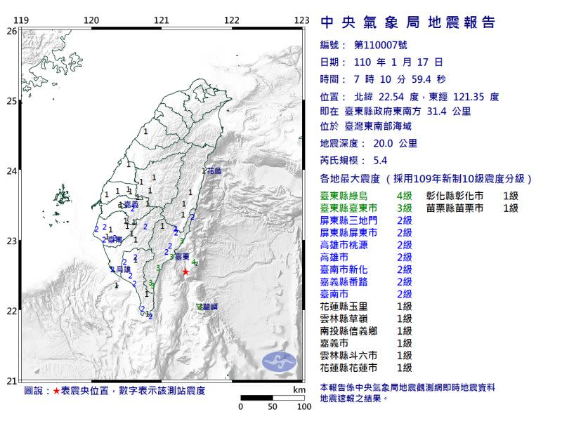 ▲今（17）日上午7點10分，台東縣發生芮氏規模5.4地震，最大震度為台東縣地區4級。（圖／翻攝自中央氣象局官網）