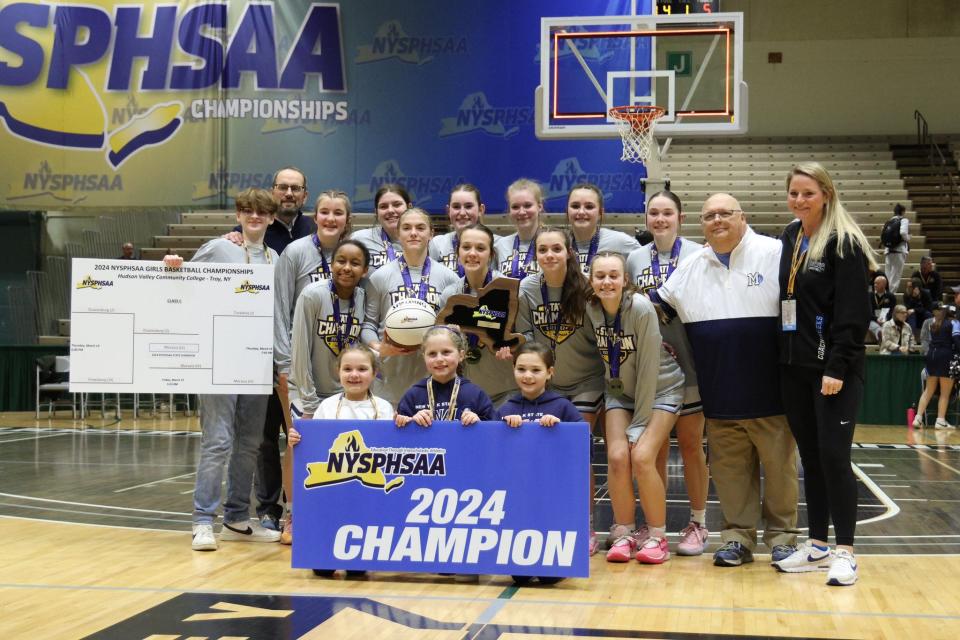 Moravia captured the NYSPHSAA Class C girls basketball championship with a 46-45 win over Duanesburg on March 15, 2024 at Hudson Valley Community College in Troy.