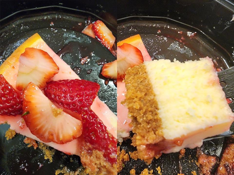 Cheesecake with strawberries on top from Denny's on a plate; A piece of cheesecake on a fork
