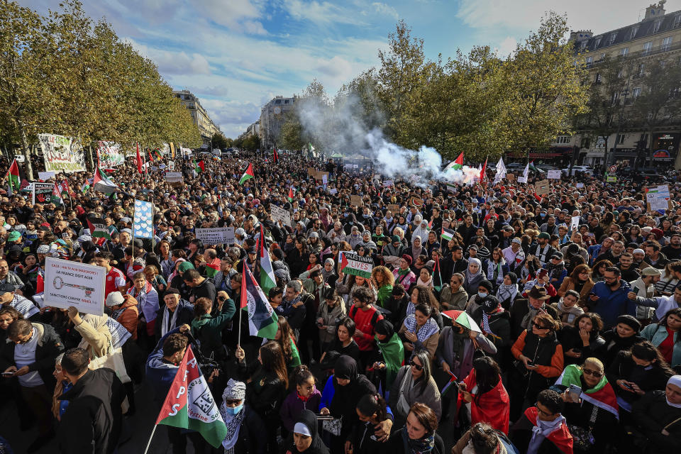 FILE - Protesters take part during a demonstration organized by the "National Collective for a just and lasting peace between Palestinians and Israelis" in Paris, on Oct. 22, 2023. Antisemitism is spiking across Europe after Hamas' Oct. 7 massacre and Israel's bombardment of Gaza, worrying Jews from London to Geneva and Berlin. (AP Photo/Aurelien Morissard, File)