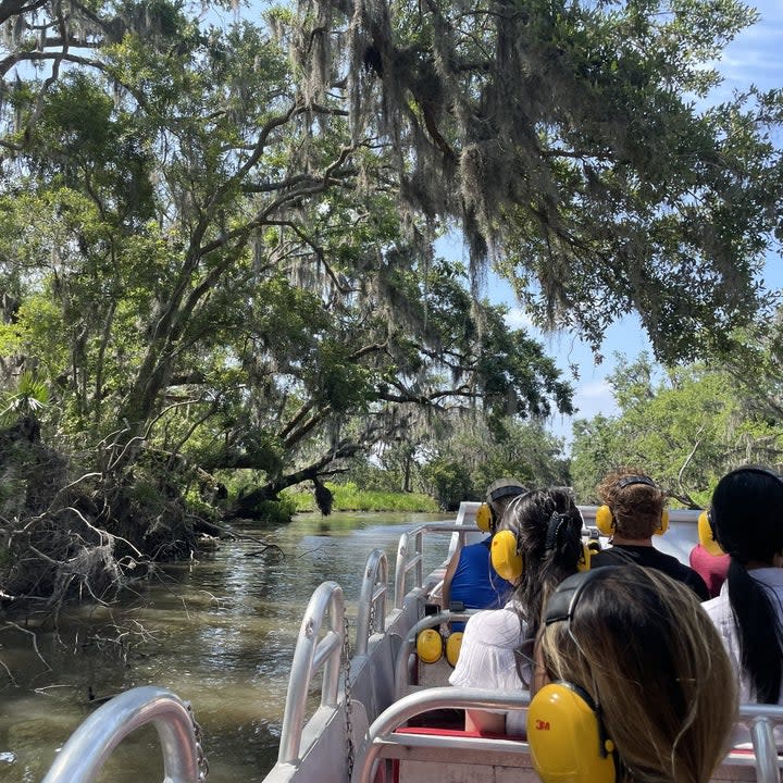 people riding on an airboat through the bayou
