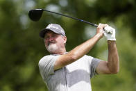 Jerry Kelly watches his shot off the third tee during the second round of the PGA Tour Champions Principal Charity Classic golf tournament, Saturday, June 4, 2022, in Des Moines, Iowa. (AP Photo/Charlie Neibergall)