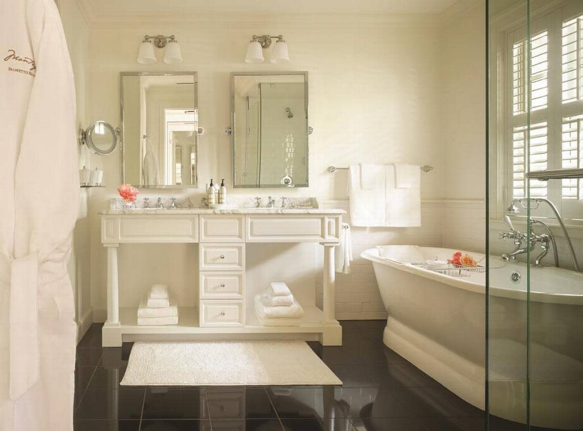 The resort’s bathrooms are trimmed with marble and feature steam showers and teacup tubs.