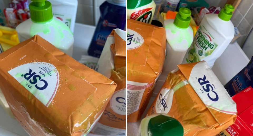 Spilled detergent over sugar packets. Source: Facebook