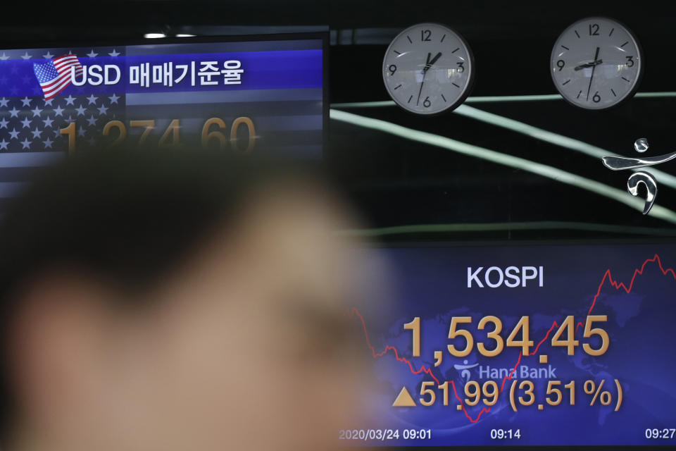 A currency trader watches computer monitors near screens showing the Korea Composite Stock Price Index (KOSPI), right, and the foreign exchange rate between U.S. dollar and South Korean won at the foreign exchange dealing room in Seoul, South Korea, Tuesday, March 24, 2020. (AP Photo/Lee Jin-man)