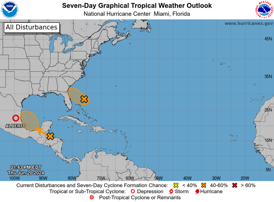 The hurricane center is tracking two disturbances with moderate chances of strengthening into tropical depressions sometime in the next week.