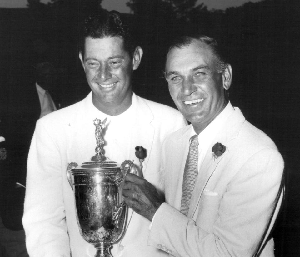 Cary Middlecoff (left) accepts the 1956 U.S. Open trophy after winning at Oak Hill. Hogan was the defending champion. Middlecoff is the best native-born golfer from Tennessee while Hogan has the distinction from Texas.