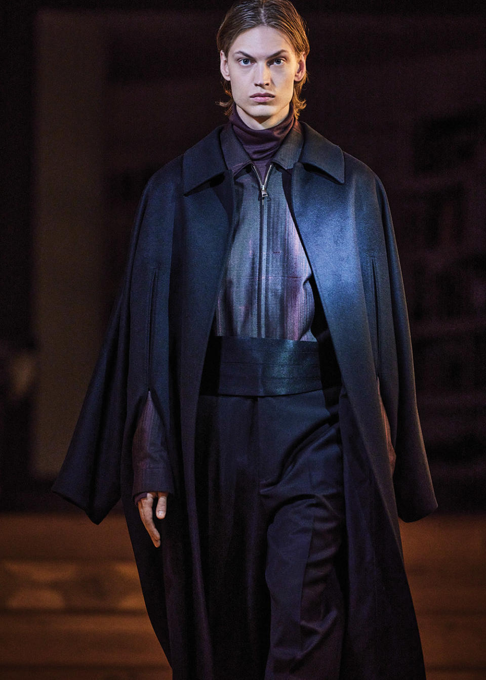 Looks from Zegna’s Red Carpet Collection include a cashmere cloak coat worn over a bomber jacket