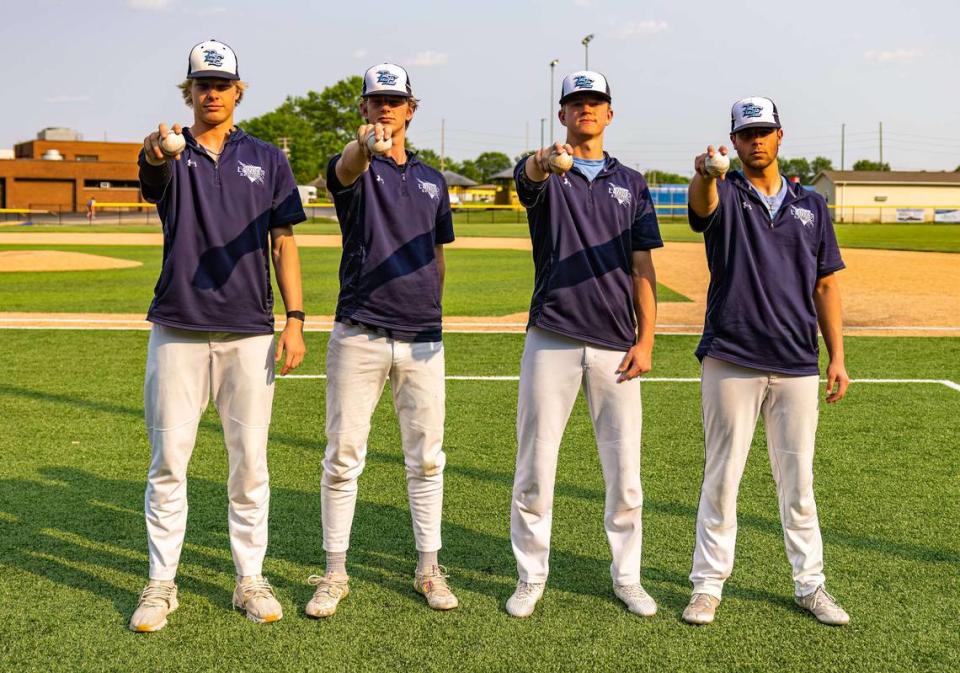 Pictured are Belleville East pitchers, from left, Zander Mueth, Owen Kelly, Dylan Mannino and Ean DiPasquale. The quartet makes up a fearsome staff for the Lancers, who open the IHSA Class 4A postseason Thursday, May 25.