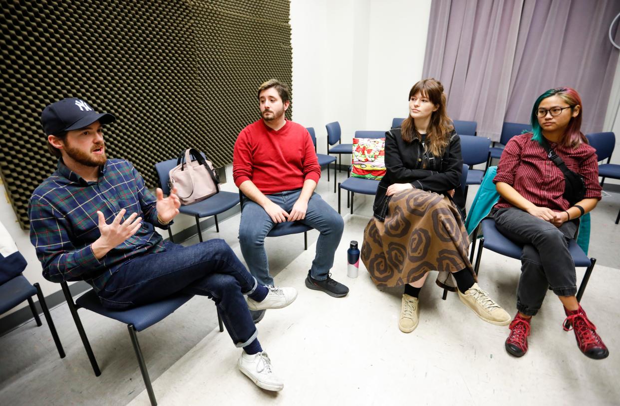 Missouri State University students (from left) Jacob Martin, Alexander Hehr, Julia Rhea, and Ellora Bultema are mixing  film and theater in a project about mental health, called "Passing Ships," streaming for free on YouTube Live next weekend.