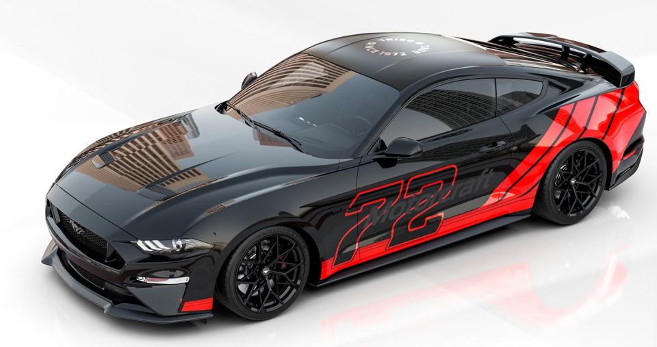 <p>One of the gas-powered Mustangs on display will be the M2 Motoring Mustang GT. Starting with a manual-transmission 2021 Mustang GT with the Performance package, M2 Motoring lowered the springs, added a GT350R big brake kit, and then gave the V-8 engine a 750-hp supercharger kit, enhanced half-shafts and Performance Pack Level 2 front splitter from the Ford Performance Parts upgrade menu. The car was also visually modified with custom Motorcraft livery on the outside and a laser-etched armrest, Recaro RPSP leather seats and GT500 instrument panel trim on the inside.</p>