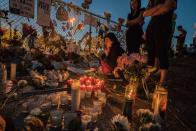 <p>A student at Stoneman Douglas High School in Parkland, Florida mourns at the memorials outside of the school less than two weeks after a former student shot and killed three teachers and 14 kids. </p>