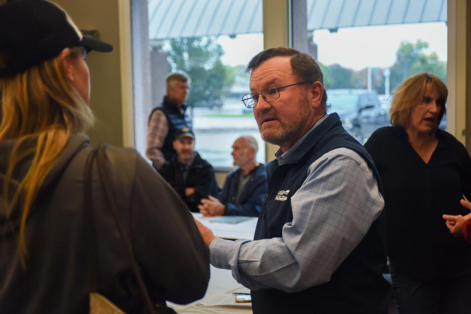 South Dakota Farmers Union President Doug Sombke speaks to press conference attendee on Thursday, Oct. 12, 2023 at the Sanford Premier Center in Sioux Falls, South Dakota.