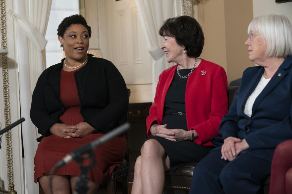 Shalanda Young, the first Black woman to lead the Office of Management and Budget, left, speaks as Senate Appropriations Committee ranking member Sen. Susan Collins, R-Maine, and Senate Appropriations Committee chair Sen. Patty Murray, D-Wash., listen during an interview with The Associated Press, along with House Appropriations Committee ranking member Rep. Rosa DeLauro, D-Conn.; and House Appropriations Committee chair Rep. Kay Granger, R-Texas, at the Capitol in Washington, Thursday, Jan. 26, 2023. It's the first time in history that the four leaders of the two congressional spending committees are women. (AP Photo/Manuel Balce Ceneta)