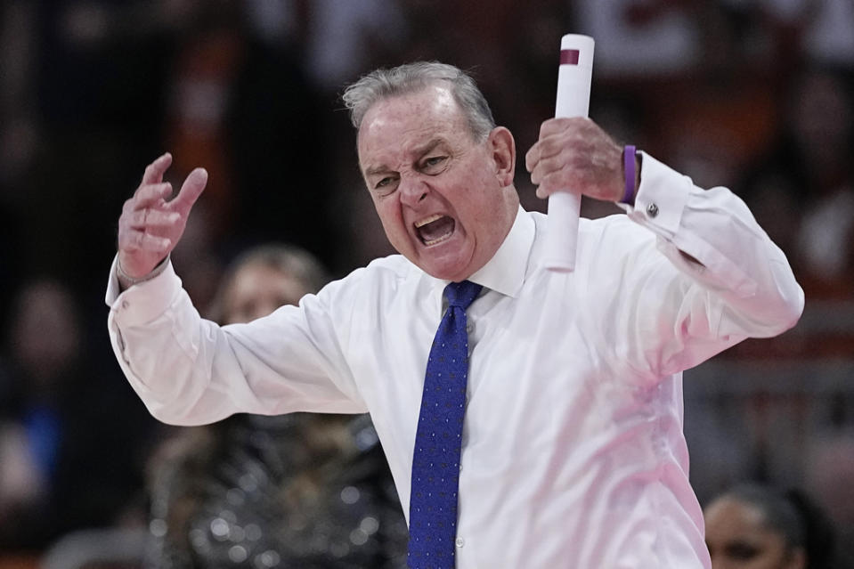 Texas head coach Vic Schaefer reacts to a call during the first half of a second-round college basketball game against Alabama in the women’s NCAA Tournament in Austin, Texas, Sunday, March 24, 2024. (AP Photo/Eric Gay)