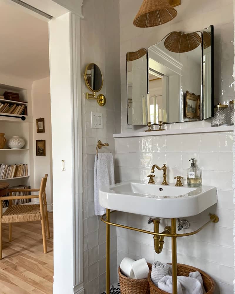 Freestanding bathroom sink in newly renovated bathroom.