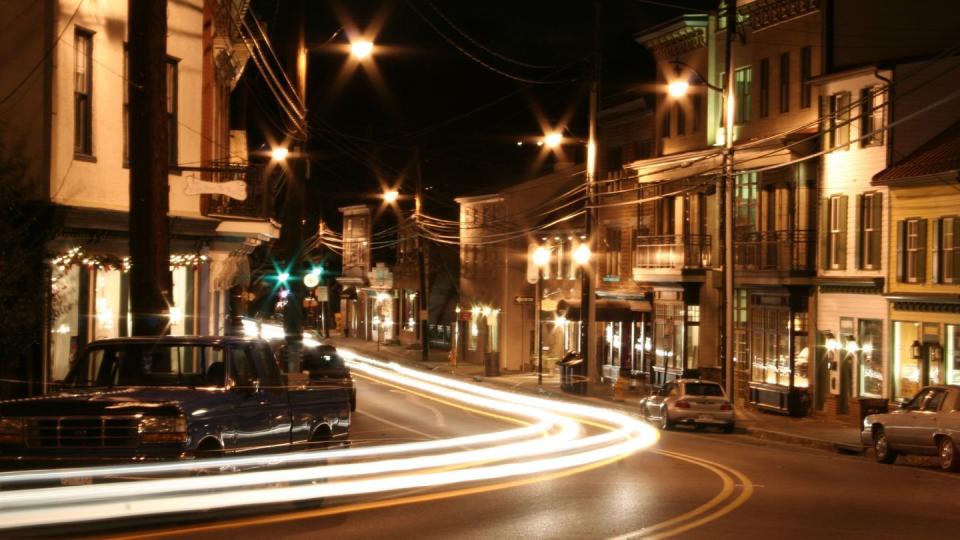 Night, Town, Street light, Light, City, Lighting, Street, Urban area, Human settlement, Neighbourhood, 