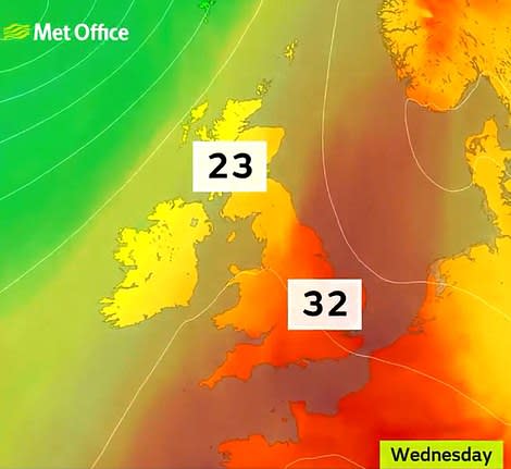 Scorching heat will hit the UK on Wednesday (Met Office)