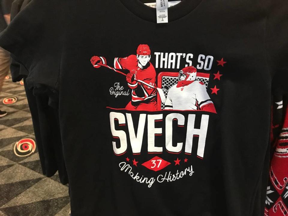 Carolina Hurricanes forward Andrei Svechnikov became the first player in NHL history to score on a lacrosse play, doing it twice this season, and the Canes promoted it with T-shirts.